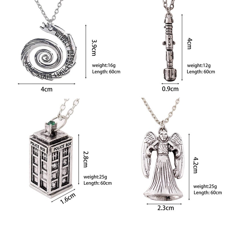 2FY2SW Luomi Doctor Who 4 Pack Different Necklace Wibbly Wobbly Timey Wimey 11th Doctor Sonic Screwdriver Pewter Finish Inspired 3D Police Box - Image 2
